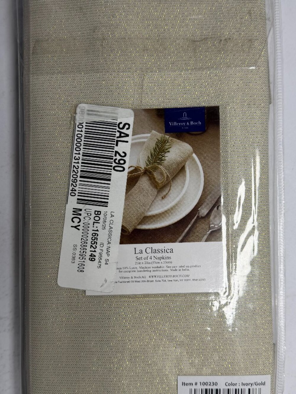 Villeroy&Boch La Classica 21 in. W X 21 in. L in Ivory/Gold Napkins (Set of 4)